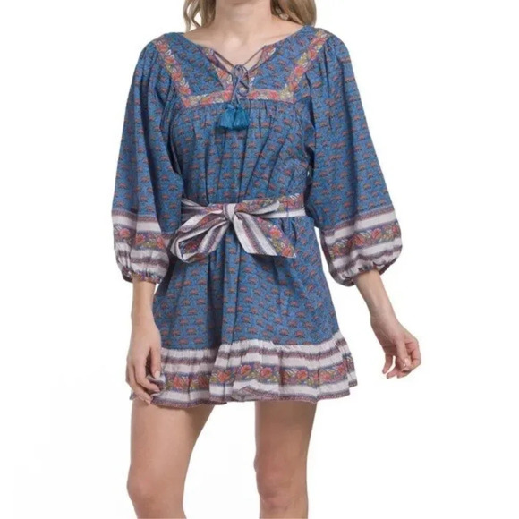 Cleobella Magdalena Mini Dress Lotus Blue Pink Mixed Printed Tie Waist S New - Picture 12 of 12